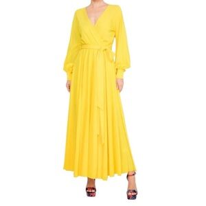 Meghan LA Lily Pad Long Sleeve V Neck Maxi Dress in Canary Yellow size XL